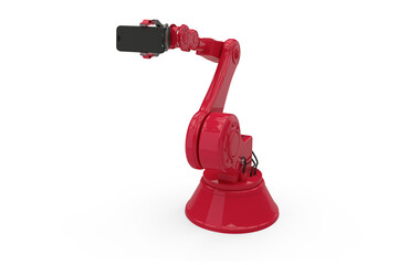 Composite image of red robot holding phone