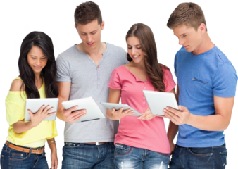 Four friends looking at their tablets and smiling