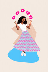 Creative template graphics collage image of carefree funky lady dancing getting heart feedback isolated drawing background