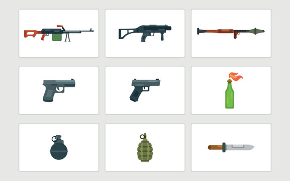 Weapon icons, Firearm set, grenade launcher, grenades, Molotov cocktail, pistols, knife, guns
