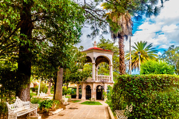 kiosk in square surrounded by beautiful garden, monte escobedo zacatecas 