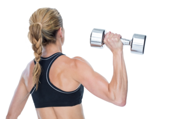 Female bodybuilder holding a large dumbbell rear view