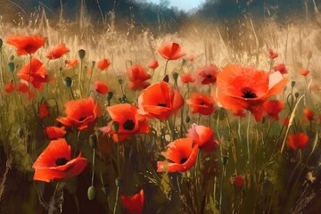 Obraz premium vibrant field of red flowers with a scenic tree-lined background. Generative AI