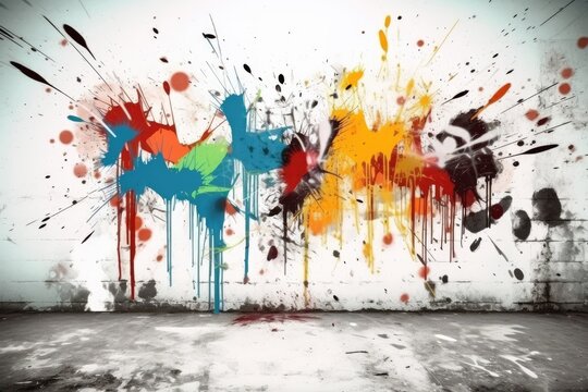 abstract painting with colorful paint splatters on a white wall. Generative AI