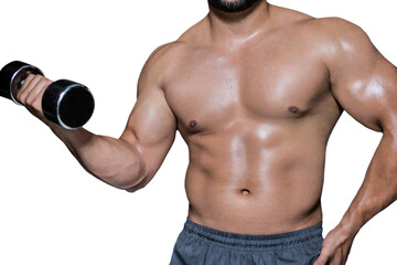 Fototapeta na wymiar Mid section of a bodybuilder with dumbbell