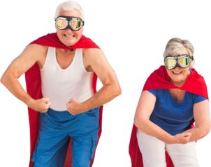 Senior man and woman flexing muscles while bending