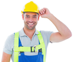 Portrait of cheerful workman holding helmet