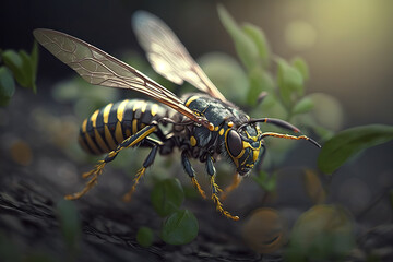 Illustration of giant killer wasp flying. Closeup shot of a wasp perched on blurry background. Realistic 3D illustration. Creative AI