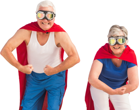Senior man and woman flexing muscles while bending
