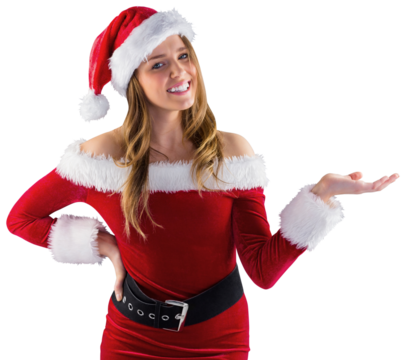 Sexy santa girl presenting with hand