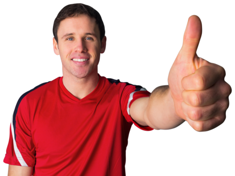 Football fan in red showing thumbs up - Powered by Adobe