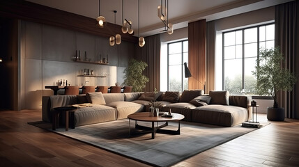 Obraz na płótnie Canvas 3d rendering loft scandinavian living room. Generative Ai