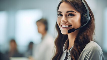A call center woman in a headset poster with copy space - Fictional Person, Generative AI