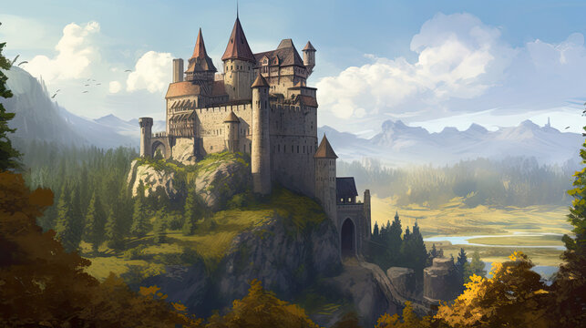 3D render illustration. Made by AI Midjourney. wonderful image of old casstle on the hill