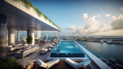 Fototapeta na wymiar Impressive luxury penthouse terrace with a swimming pool overlooking Miami. Generative Ai
