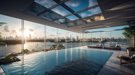 Impressive luxury penthouse terrace with a swimming pool overlooking Miami. Generative Ai
