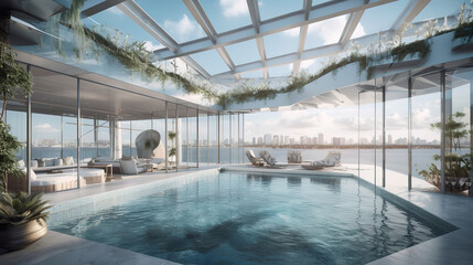 Outdoor patio with table and chair. Generative Ai