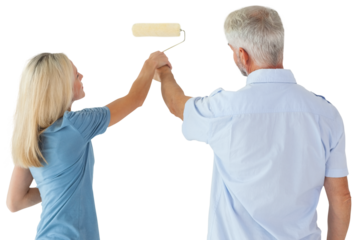 Rear view of couple using paint roller