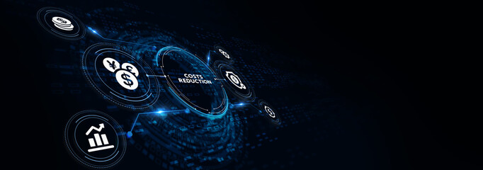 Cost reduction business finance concept on virtual screen. Business, technology concept. 3d illustration