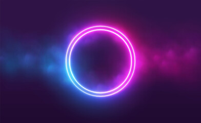 Neon circle frame with smoke cloud, glowing gradient ring with colorful fog and double border. Illuminated realistic night scene. Futuristic portal concept. Vector illustration.