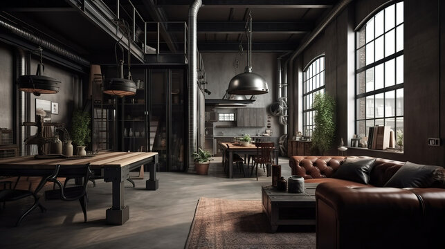 Living room loft in industrial style, 3d render. Generative Ai