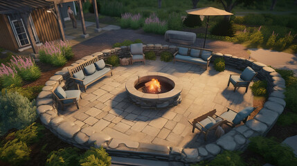 Outdoor patio with seating area and fire pit1. Generative Ai - obrazy, fototapety, plakaty