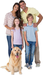 Happy family standing with dog