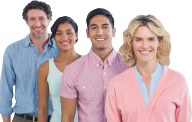 Smiling colleagues standing and posing in a line