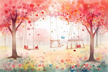 A park with playful birds, vivid flowers and swings in an impressionistic style with a playful mood in a watercolor style. Generated by AI.