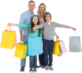 Happy family with shopping bags against white background