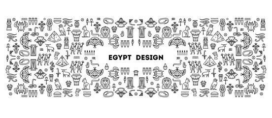 Vector linear Egipt cover template, decorative african border. Black and white art decoration shapes. Line style with space for text - geometric ethnic frame, luxury packaging, advertising, banner - 587429714