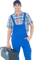 Confident plumber carrying tool box