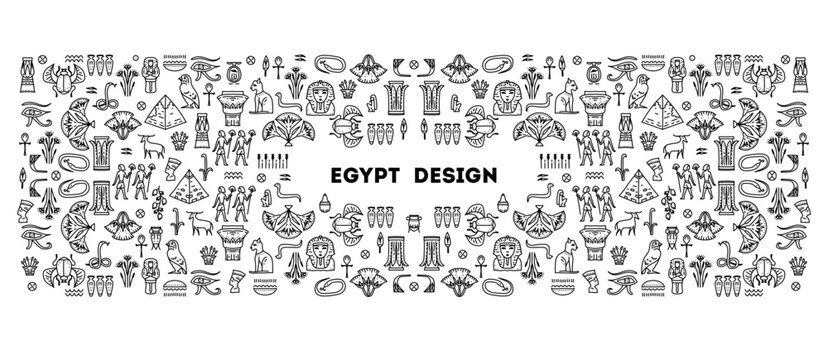 Vector linear Egipt cover template, decorative african border. Black and white art decoration shapes. Line style with space for text - geometric ethnic frame, luxury packaging, advertising, banner