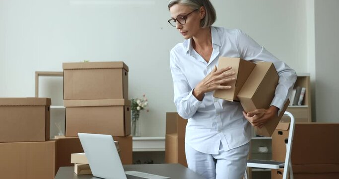 Female individual entrepreneur, small business owner manage orders, prepare parcels for sending to customer working from warehouse use laptop. E-commerce, shipment, transporting services, dropshipping