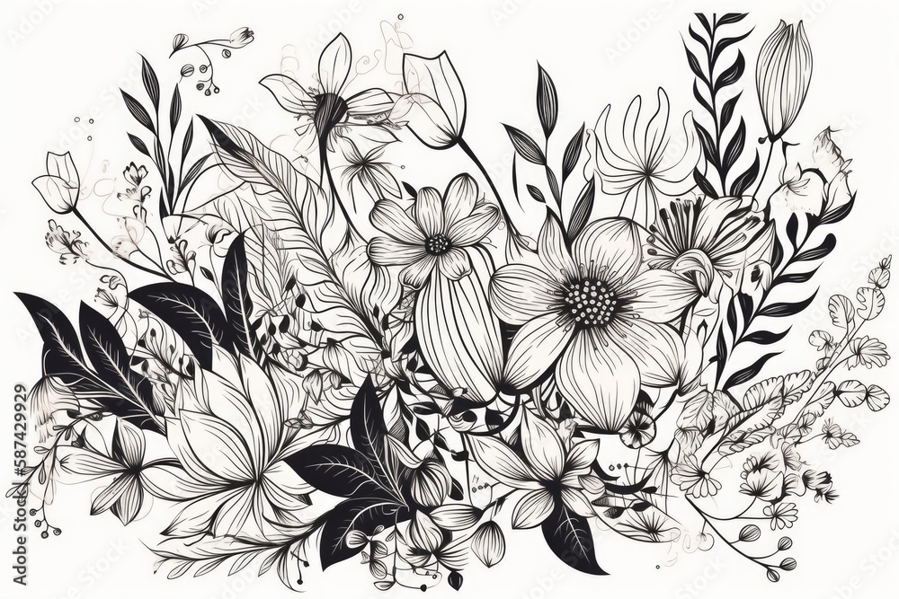 Sticker beautiful bouquet of flowers drawn in black and white. Generative AI