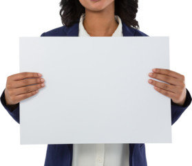 Businesswoman holding blank white placard