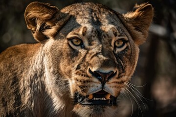 Fototapeta na wymiar In a snarl, the lioness expands her deadly black maw. Close up portrait of a lovely lioness, a formidable predatory animal. Generative AI