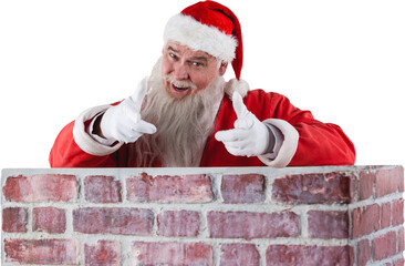 Portrait of happy Santa Claus making hand gesture over wall