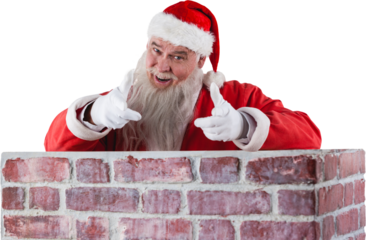 Portrait of happy Santa Claus making hand gesture over wall