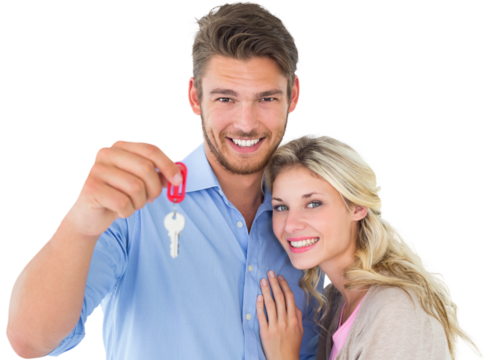 Attractive young couple showing new house key