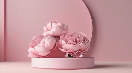 Three pink flowers on a pastel pink background with podium display.  Nature minimal pedestal. Generative ai