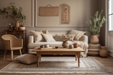 Old style living room in beige tones with a sofa, rugs, and pillows, tables with decors, plants, and a wooden table top or shelf with scented sticks bottles above it. Generative AI