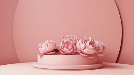 Podium display, pastel pink background with rose flowers.   Nature minimal pedestal. Generative ai