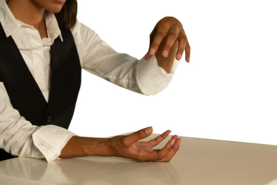 Mid-section of woman hand gesturing on table - Powered by Adobe