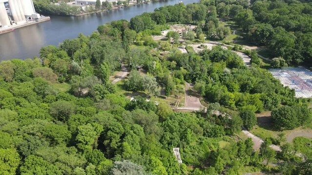 Aerial drone view of Spreepark abandoned amusement park in Berlin