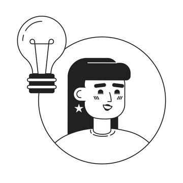 recommend clip art: Pretty girl with lightbulb black and white concept vector spot illustration. Editable 2D flat monochrome cartoon character for web design. Brainstorm creative line art idea for website, mobile, blog