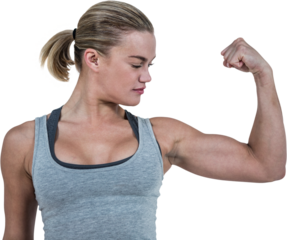 Serious muscular woman flexing muscle