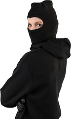 Portrait of female hacker standing wearing hoodie and balaclava