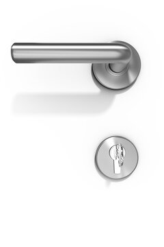 Low angle view of metal doorknob and lock with key