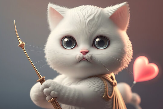 Baby angel cat with a heart, cartoon cupid. White cute cat cupid. Fummy cartoon of a valentins cupid. Realistic 3D illustration. Creative AI